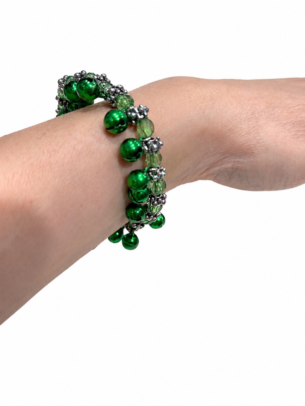 Handmade Green Jingle Bell Beaded Stretch Bracelet | Holiday Christmas Charm Br